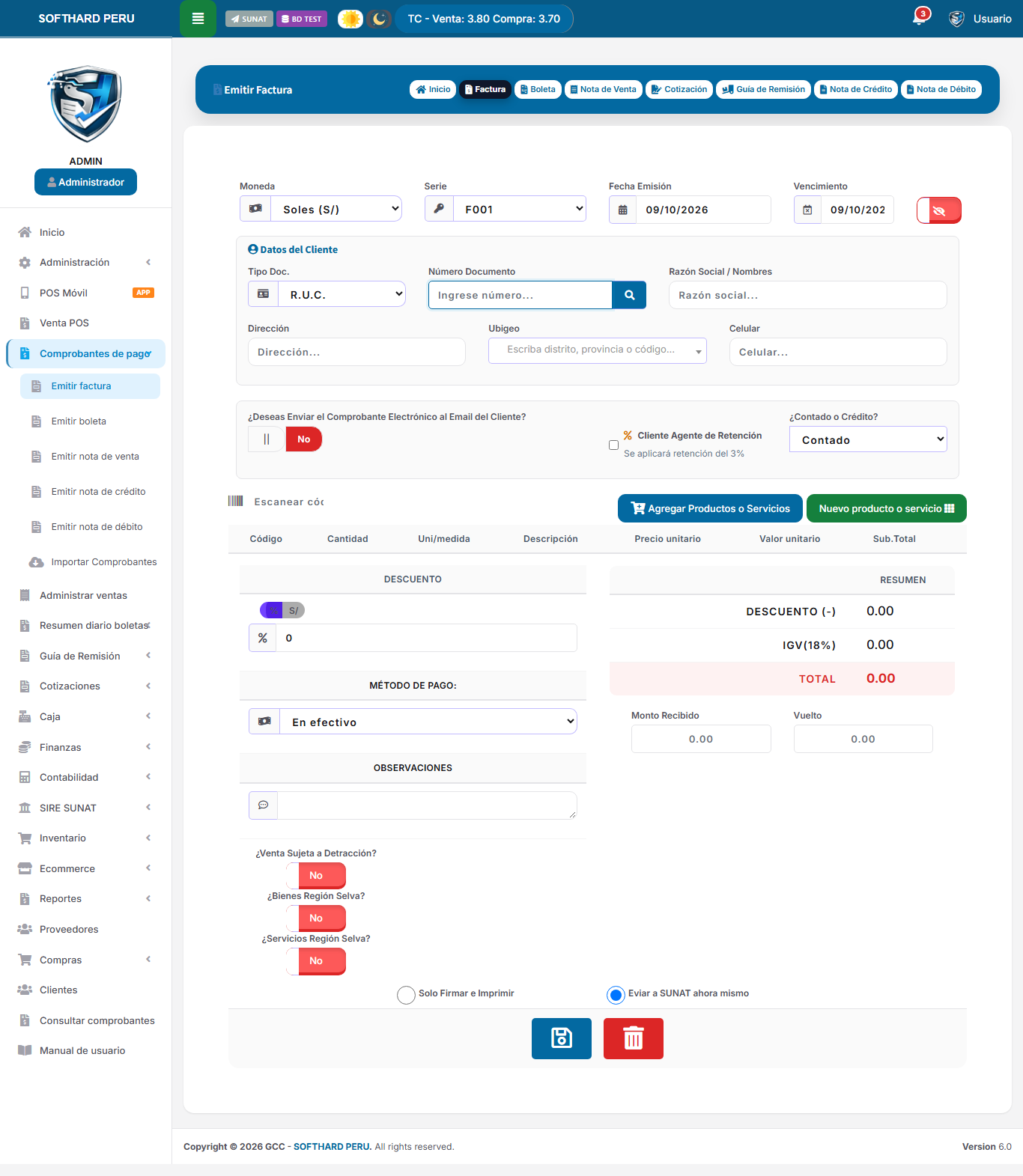 Emisión de factura electrónica con validación SUNAT