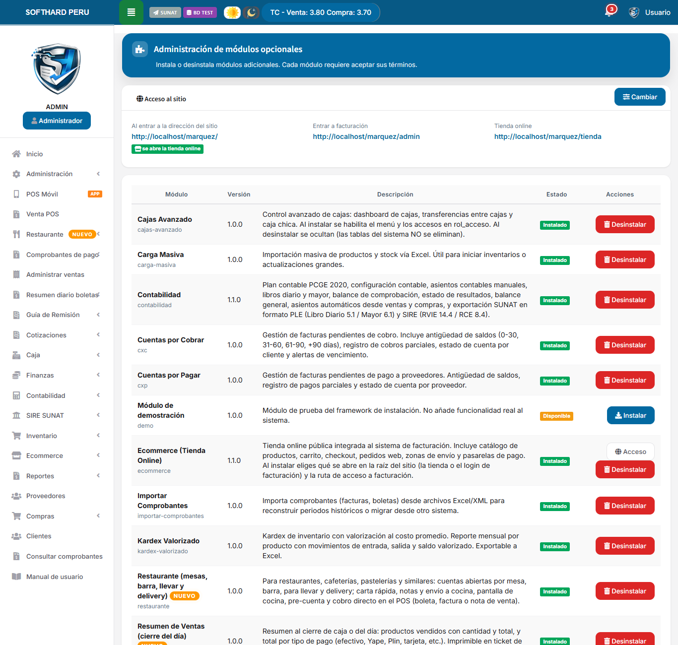 Panel de administración de módulos opcionales